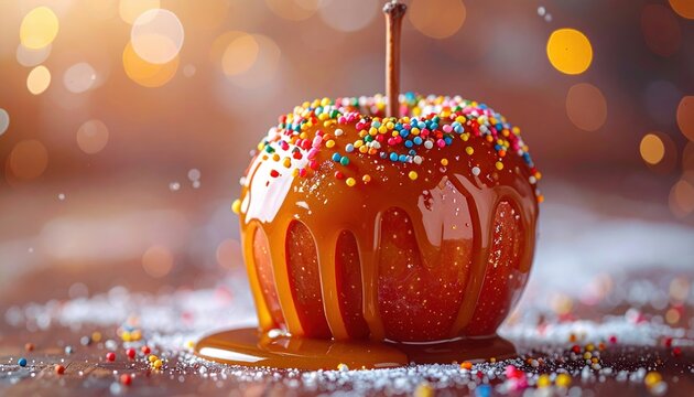 Caramel apple dripping with sugar and colorful sprinkles, indulgent dessert concept