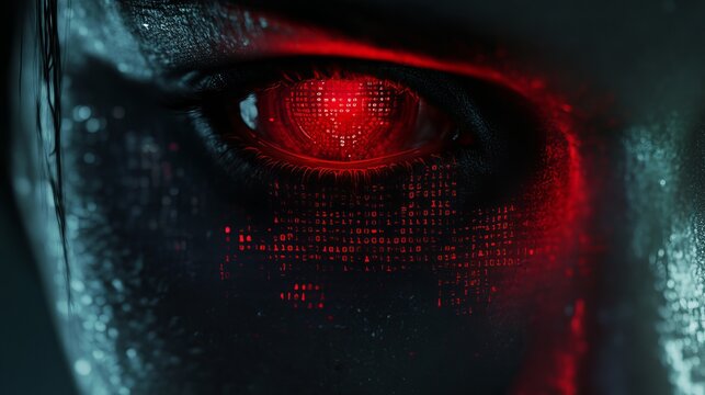 Glowing red iris displays digital code, representing artificial intelligence, cybersecurity, and futuristic technology concept