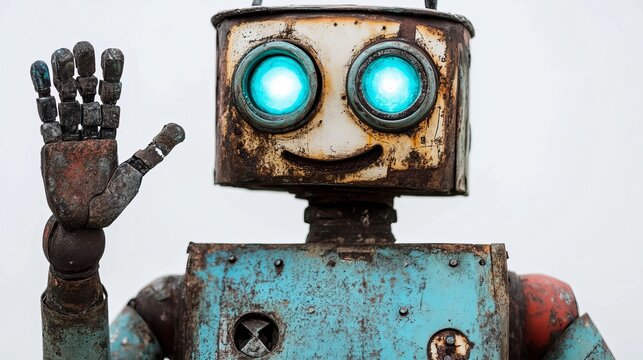 Vintage robot cheerfully waves with metallic fingers, showcasing a friendly demeanor against a clean white studio backdrop