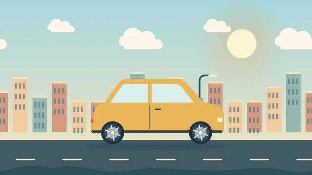 Yellow Car Driving Along City Road Flat Vector Animation