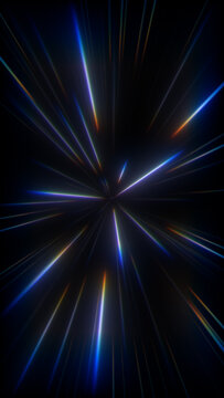 Colorful holographic warp speed jump. Futuristic laser beam explosion and cosmic zoom perspective for tech arts.