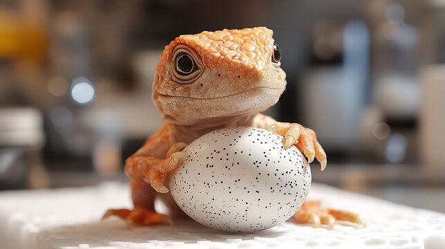 Baby dinosaur hatching from synthetic egg on white sterile lab platform 