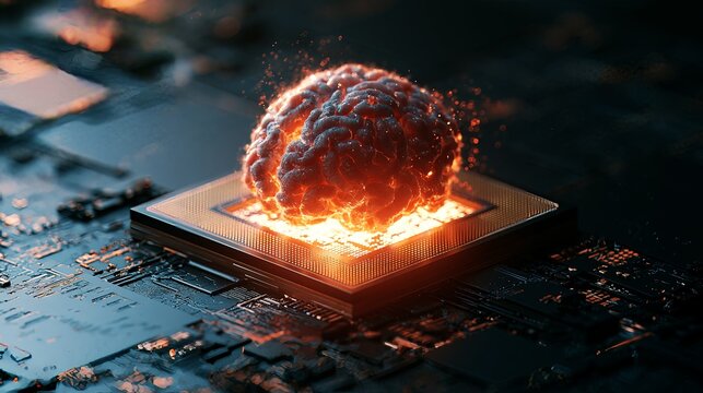 Glowing human brain resting upon a complex digital computer processor board featuring brilliant orange light particles and dark metallic texture