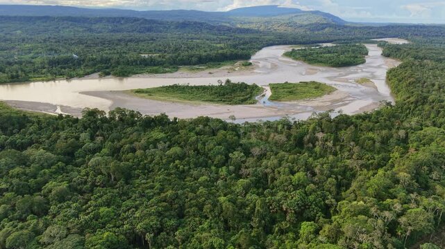 Rising high over a bend with an island in the Rio Napo,  surrounded by pristine rainforest in the Ecuadorian Amazon. 