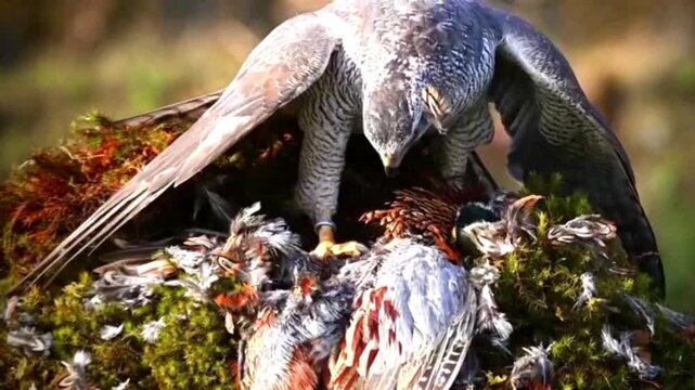 Northern goshawk feeding on prey in a natural forest environment