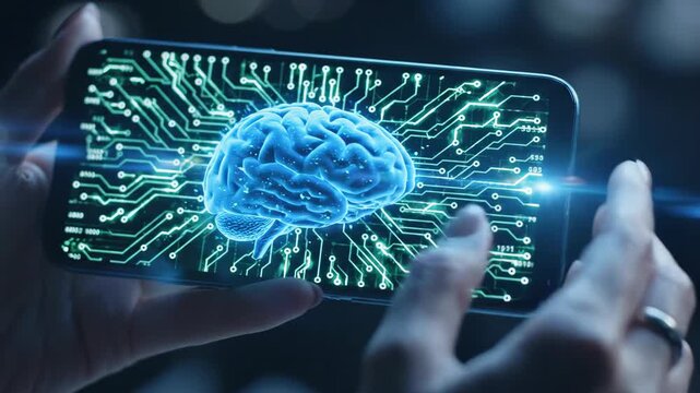 Hands holding a smartphone displaying a glowing brain on a circuit board, symbolizing AI and technology.