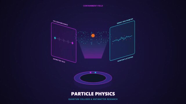 Abstract isometric digital illustration representing advanced particle physics research in a quantum collider environment with antimatter data