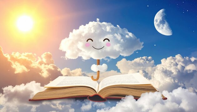Whimsical smiling sky with cloud holding umbrella, warm sun, and moon reading book