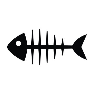 Black silhouette of fish skeleton icon on white background with vertical rib bones and tail
