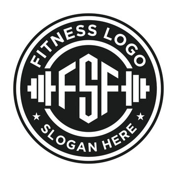 Fitness logo with dumbbell and FSF letters in black and white circular design