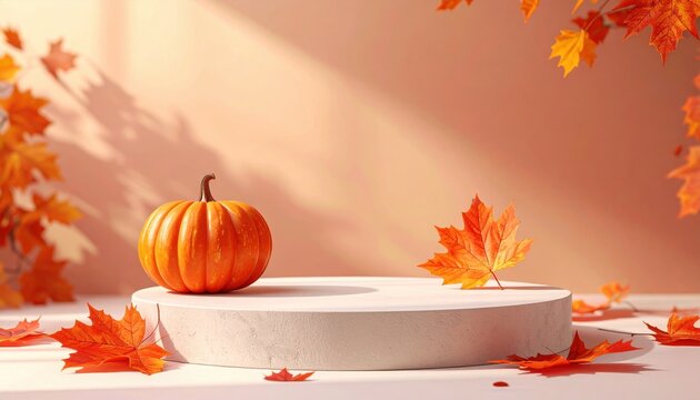 Orange pumpkin and autumn maple leaves displayed on a minimalist podium