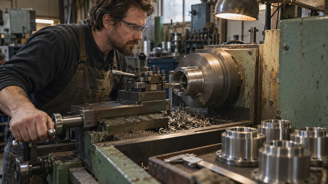 Focused machinist operating metal lathe machine boring precision metal part in workshop. Concept of diameter, housings, metalworking, machining, turning, precision engineering.