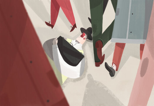 Man Carrying Heavy Bag in a Crowd &ndash; Urban Commuter Illustration