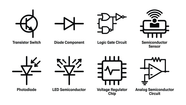 Electronic Component Icons: A collection of simple, clear icons representing various electronic components, including transistor switch, diode, logic gate, sensor, photodiode, LED, voltage regulator.