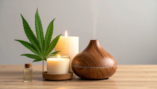 Cannabis leaf with candle, diffuser and essential oil, natural wellness and relaxation concept