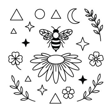 Black Line Art Bee And Flower Pattern With Geometric Shapes And Stars On White Background For Design