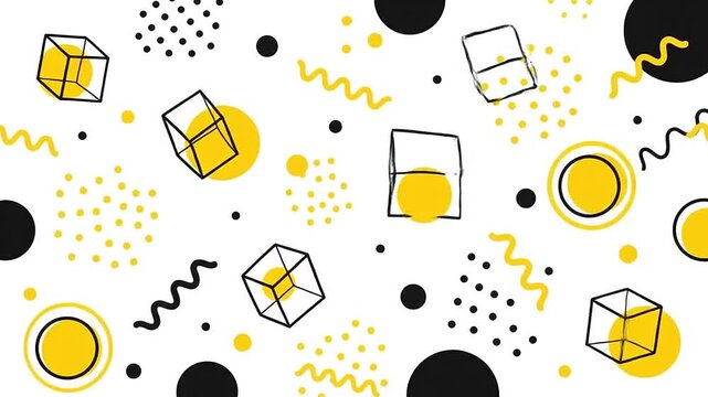 Abstract geometric Memphis style pattern background with dynamic shapes in yellow and black
