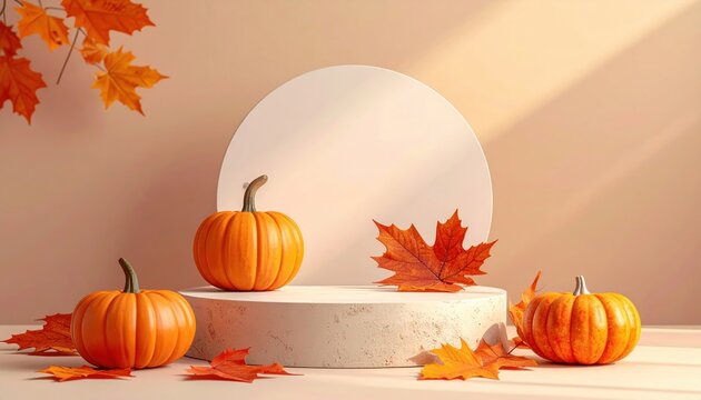 Orange pumpkin and autumn maple leaves displayed on a minimalist podium