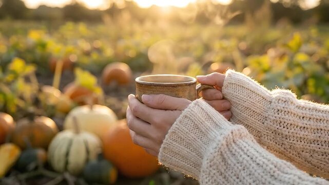Person holding warm steaming mug in cozy sweater at pumpkin patch
