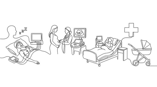 Depiction of a healthcare journey from prenatal care and medical monitoring to childbirth and postnatal support for expecting
