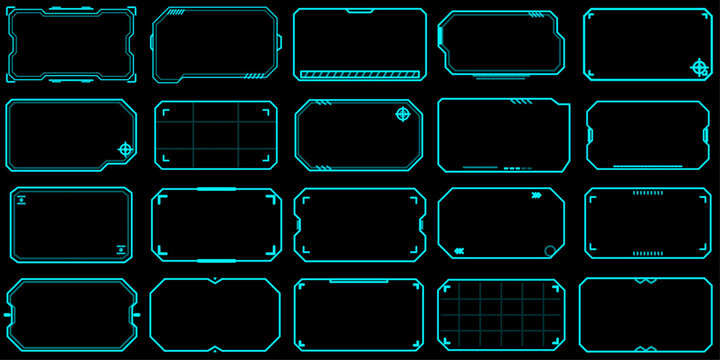 The  futuristic frame collection displays geometric shapes and technical detailing on a black background, cyberpunk frames vector sci-fi interface neon technology digital display elements, and borders