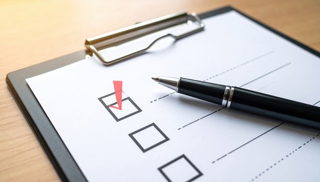 Clipboard checklist with pen marking completed tasks, business planning productivity and project management