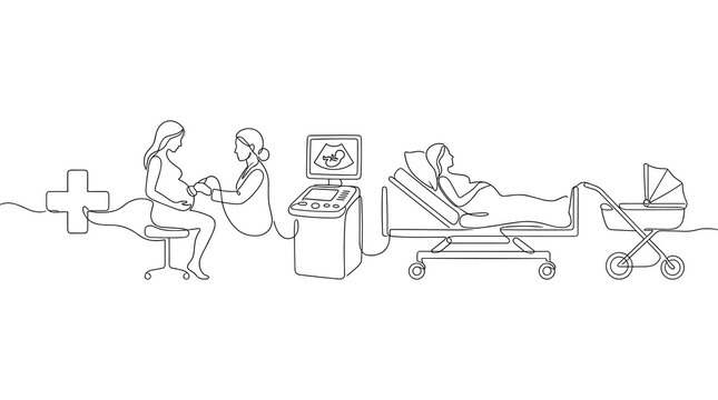 A continuous line drawing illustrating the journey of pregnancy from medical consultation to the arrival of a newborn infant and