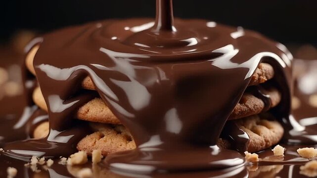 Closeup video of molten chocolate dripping onto a cookie stack, forming glossy pools and slow moving waves, bright professional lighting, detailed textures of liquid and crumbs