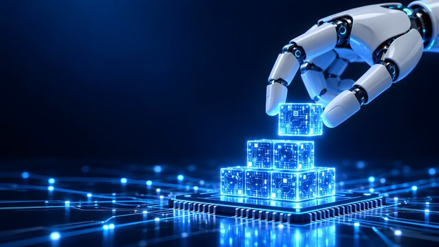Robotic hand stacking glowing digital cubes on a futuristic circuit board representing machine learning automated system building and artificial intelligence