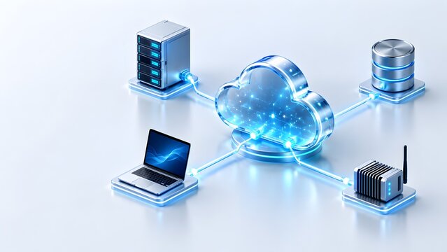 Isometric cloud computing network connecting a laptop server rack and database illustrating digital infrastructure and modern data storage technology