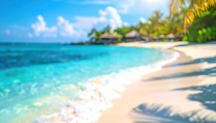 Fototapeta premium Blurred luxury resort with sandy beach and sparkling lagoon, relaxing vacation background