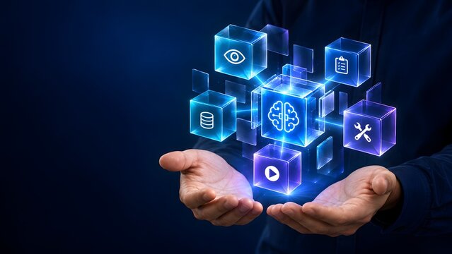 Businessman hands holding glowing digital cubes with artificial intelligence and software development icons representing machine learning system integration