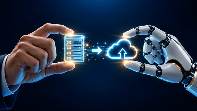 Human and robot hands transferring data from server to glowing cloud icon illustrating artificial intelligence cloud computing and digital migration