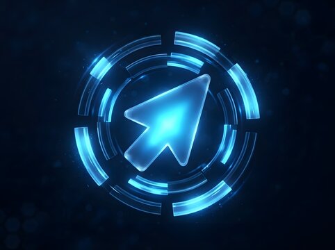 Shiny blue cursor surrounded by bright digital circle.