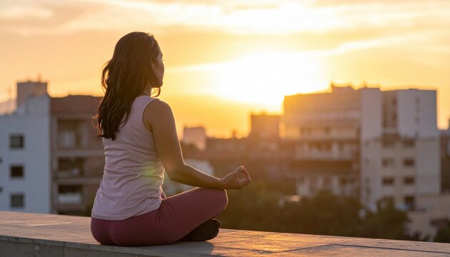 Woman meditating with mudra gesture on a city balcony at sunset, mindfulness and inner peace