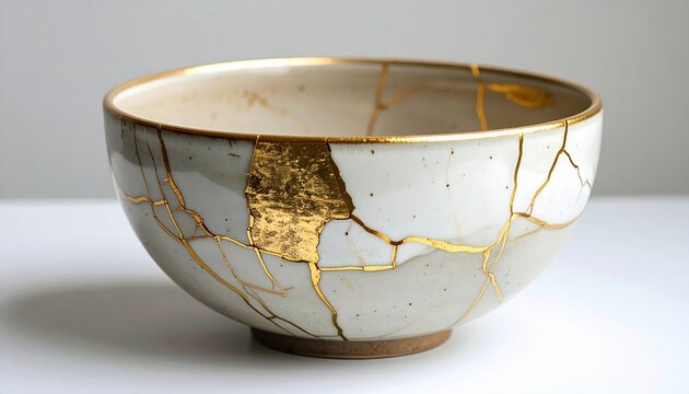 Kintsugi ceramic bowl with elegant golden repair lines, symbolizing resilience, healing, and wabi sabi philosophy