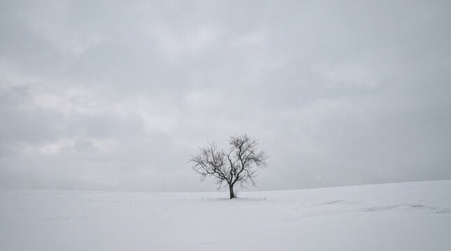 Bare deciduous tree standing alone in a snowy winter landscape  