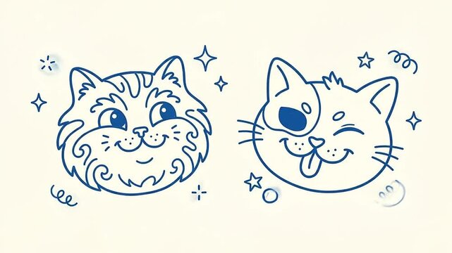 Cute Cat Faces Animated Storyboard with Blue Outline Style