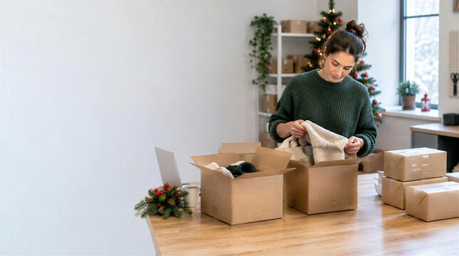 Woman packing customer orders for christmas season delivery