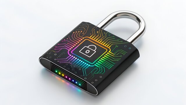 Cybersecurity padlock with illuminated circuit board pattern and digital lock symbol symbolizing data protection