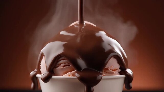 Cinematic macro video of warm chocolate poured over ice cream, melting it gently while steam rises subtly with studio lighting and bright background