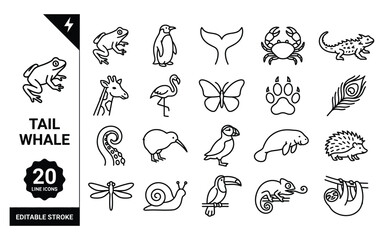 Fototapeta premium Wildlife and animal anatomy line icons featuring diverse species and unique biological traits.