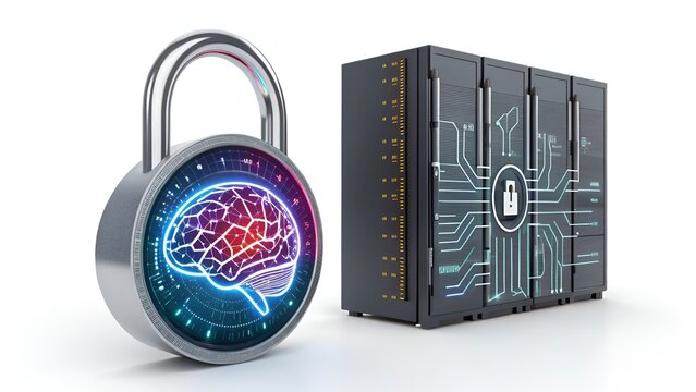 Digital brain padlocked beside secure server rack representing AI data protection and cybersecurity concept