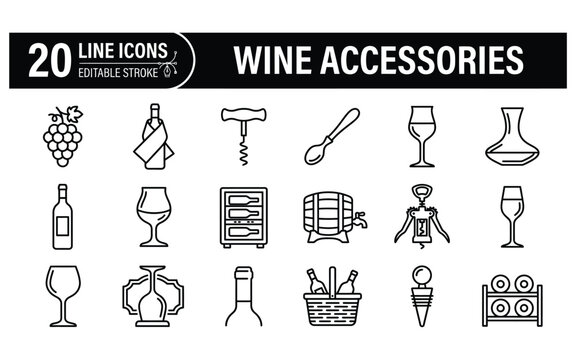Wine accessories and vineyard tools thin line icon set for restaurant menus bar branding and sommelier collections.