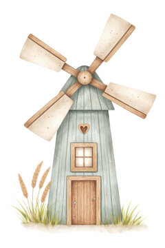 Rustic watercolor windmill illustration, vintage farm building with wooden blades and teal roof, countryside decor art isolated PNG with Transparent Background