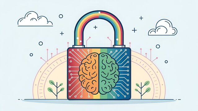 Digital lock with rainbow arch protecting a brain with circuit patterns during a bright day