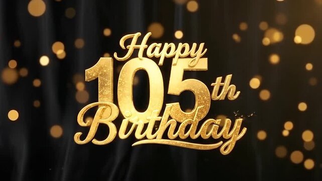 Golden Happy 105th Birthday text on bokeh background.
