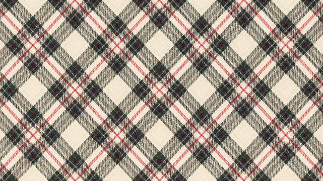 Diagonal plaid pattern in cream, green, red, and black for textile design