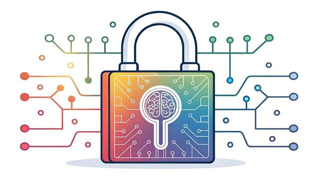 Digital padlock with circuit board and brain inside symbolizing secure technology innovation