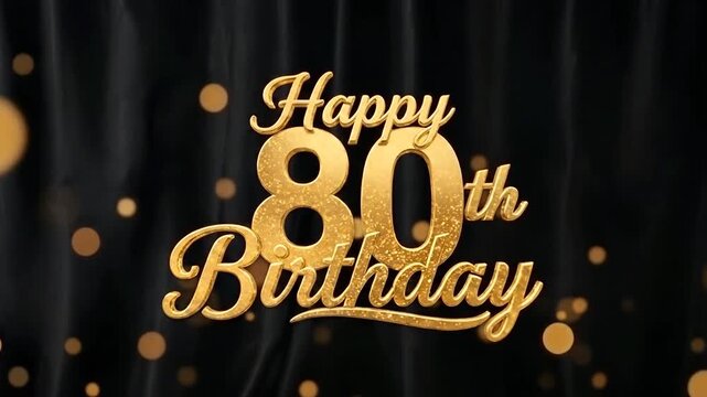 Golden happy 80th birthday script on dark black curtain background.